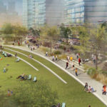 Architectural rendering of South Bank's expanded parkland as part of the Brisbane City Council's draft Kurilpa Masterplan
