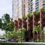 Architectural rendering of proposed Buranda Village urban development. Image showing Carl Street.