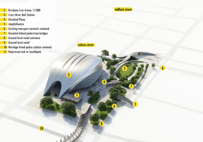 Architectural concept rendering of Brisbane Live at the GoPrint site by HAL architects. Image by Simon Finger