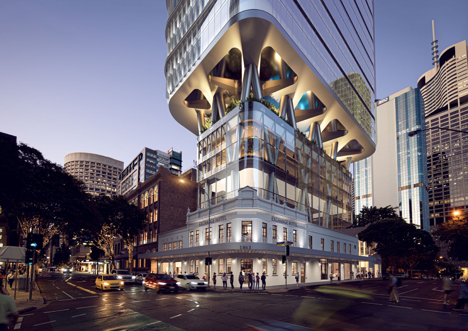 Architectural rendering of the proposed Brisbane Place development, featuring a 38-storey commercial tower integrated within the Cathedral Precinct.
