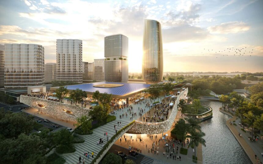 Architectural rendering of the proposed Horizon Centre precinct in Maroochydore, part of the Queensland Government’s Brisbane 2032 Olympics legacy infrastructure plan.