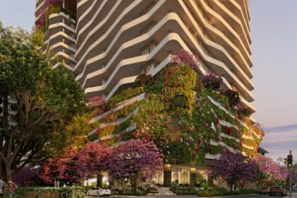 Architectural rendering of proposed twin residential buildings at 62-66 Merivale Street, South Brisbane