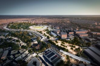 Architectural rendering of suggested Brisbane Olympic stadium location by Blight Rayner