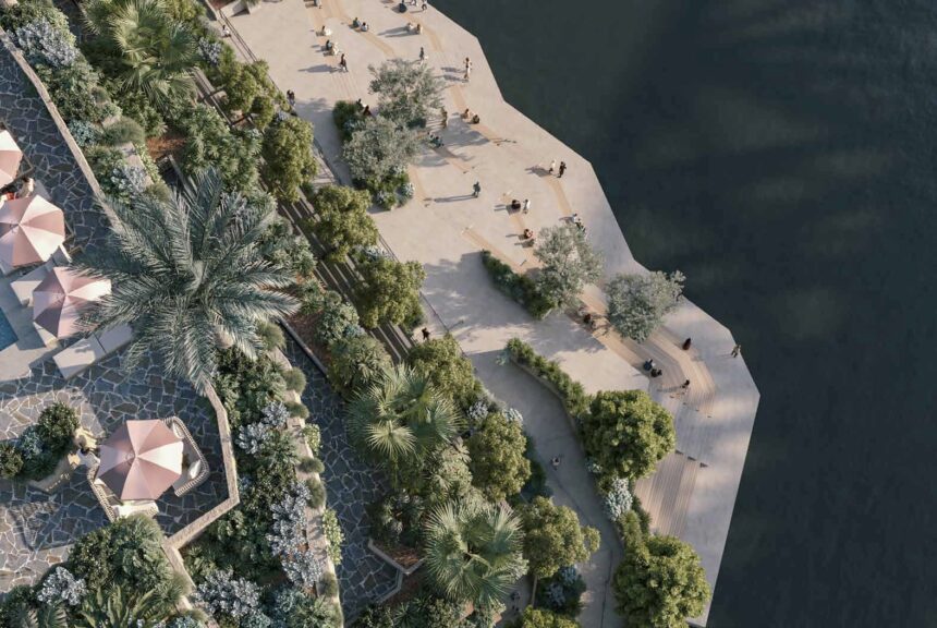 Architectural rendering of the grand public river stars from above