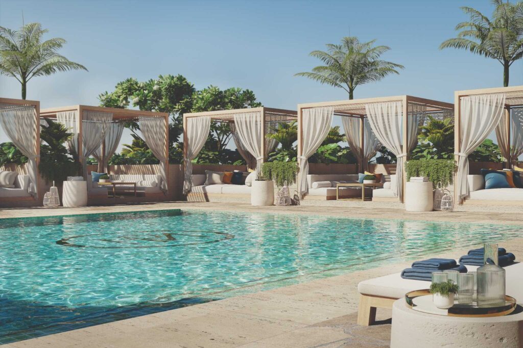 The Level 7 rooftop pool deck includes a sandy beach entry, luxury cabanas and the expansive Monarch Imperial Club.