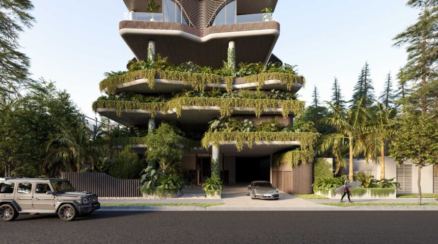 Architectural rendering showing the podium levels of the approved Bella Vie development, including tiered greenery and vehicle access from Pacific Street.
