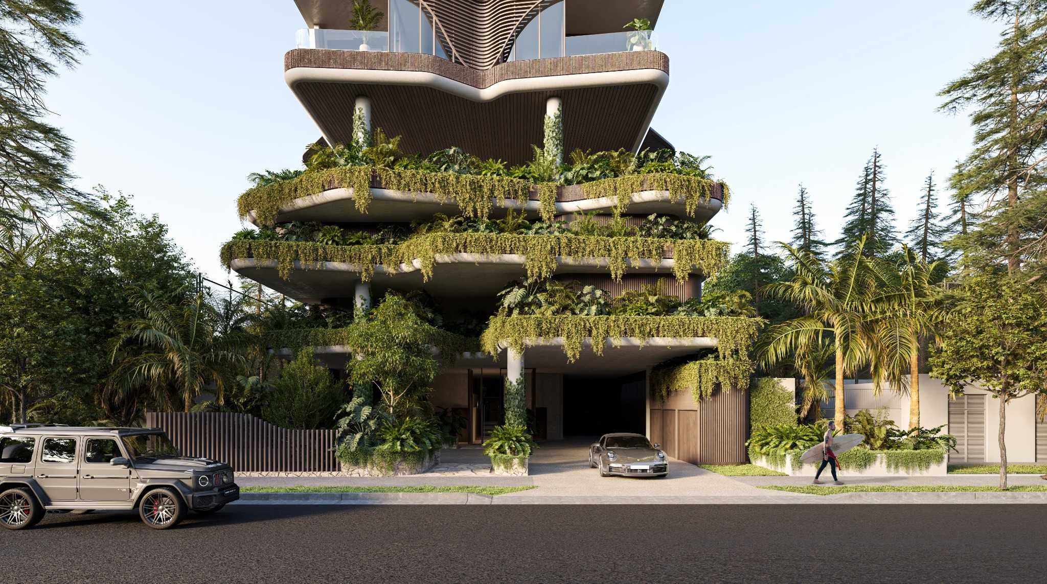 Architectural rendering showing the podium levels of the approved Bella Vie development, including tiered greenery and vehicle access from Pacific Street.
