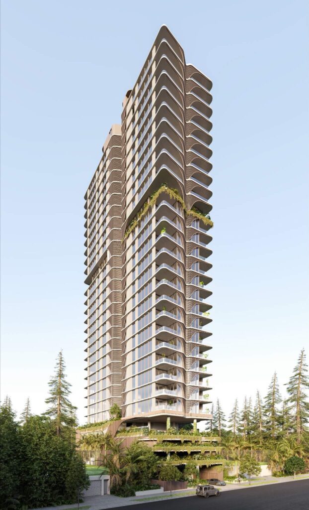 Street-facing view of the Bella Vie tower, illustrating the external articulation and facade treatment across its full height.