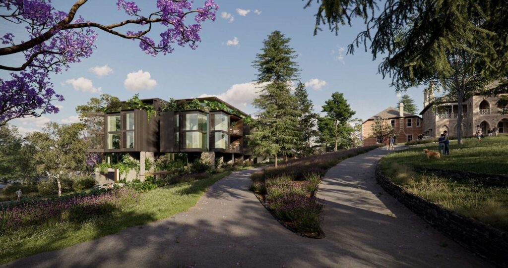 Architectural rendering of the proposed retirement living development, illustrating the integration of new buildings at 233 Milton Road, Milton.