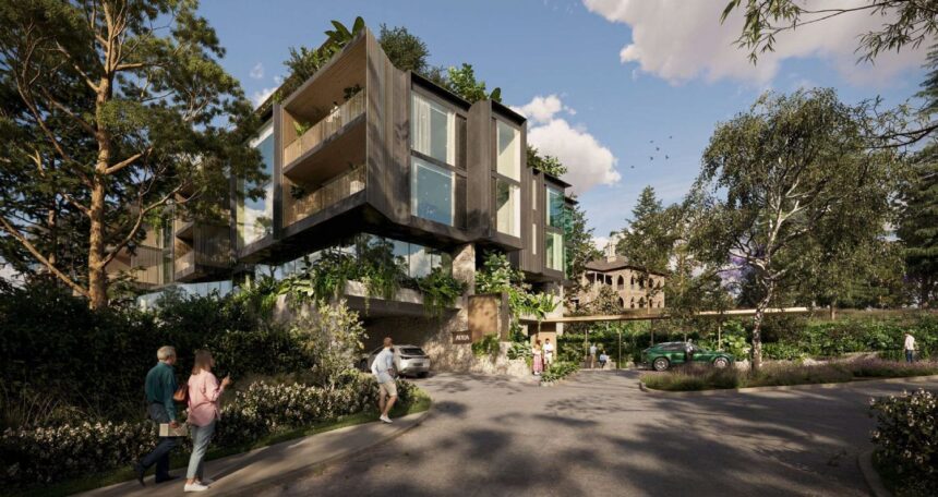 Architectural rendering of the proposed retirement living development, illustrating the integration of new buildings at 233 Milton Road, Milton.