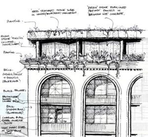 Sketch diagram of the new hotel rooftop showing hotel materiality