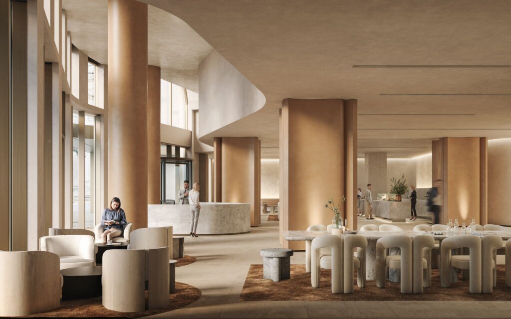 Architectural rendering of 450 Queen Street Brisbane showing the ground level lobby