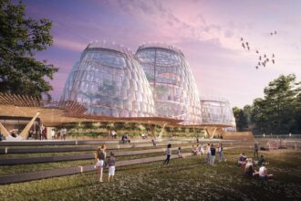 Architectural rendering of the external built form of the proposed Tropical Dome redevelopment at Mount Coot-tha Botanic Gardens.