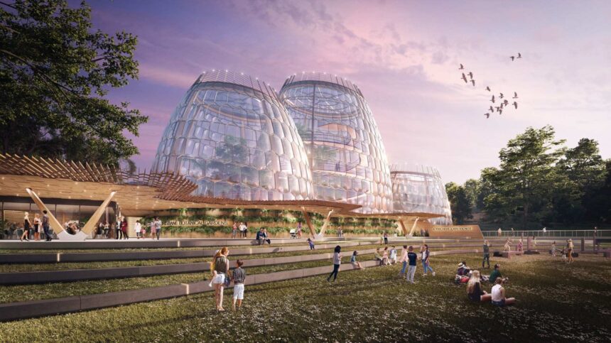 Architectural rendering of the external built form of the proposed Tropical Dome redevelopment at Mount Coot-tha Botanic Gardens.