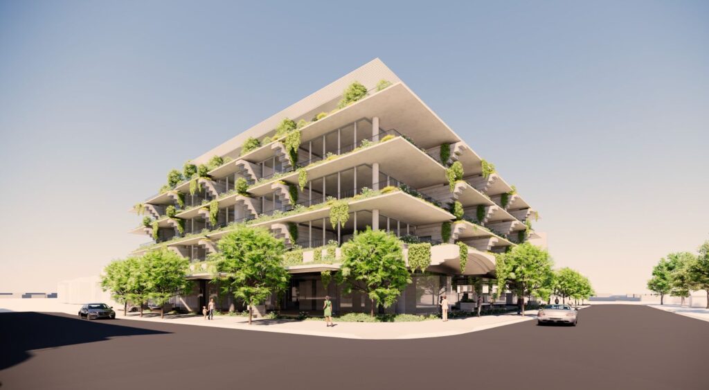 Architectural rendering of the external built form of the proposed 63–71 Racecourse Road project