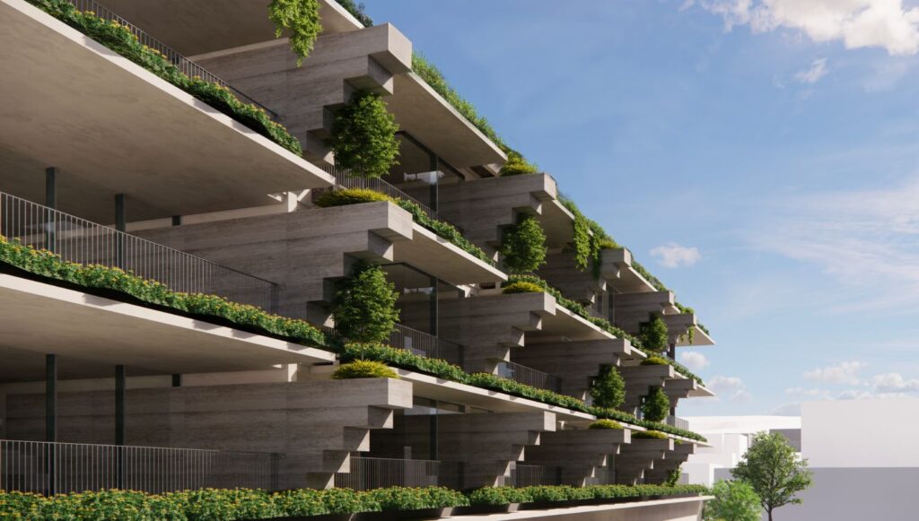 Architectural rendering of the external built form of the proposed 63–71 Racecourse Road project