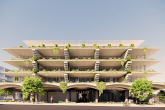 Architectural rendering of the external built form of the proposed 63–71 Racecourse Road project
