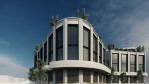 Architectural rendering of the proposed 257 Waterworks Road mixed-use development, showing the external built form and street interface.