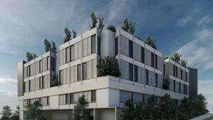 Architectural rendering of the proposed 257 Waterworks Road mixed-use development, showing the external built form and street interface.