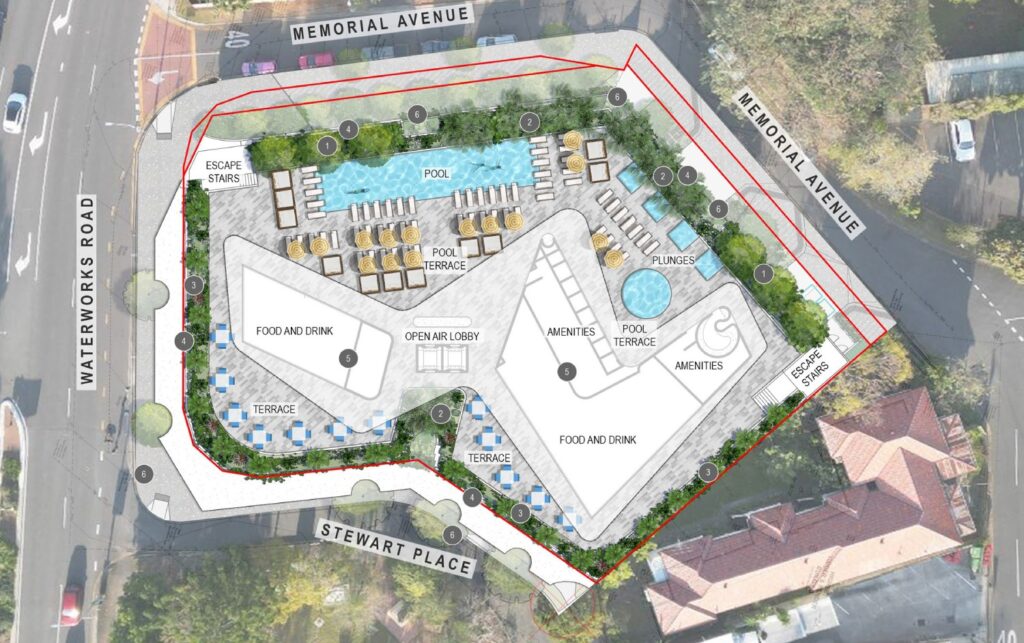 The rooftop level at 257 Waterworks Road, illustrating the pool terrace, bar and dining areas, and landscaped recreation spaces.