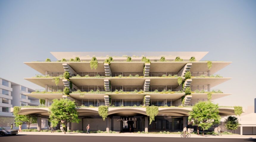 Architectural rendering of the external built form of the proposed 63–71 Racecourse Road project