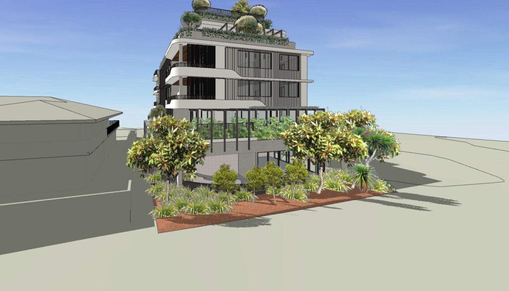 Architectural rendering of the proposed mixed use development at 128 Racecourse Road, Ascot