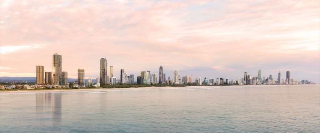 Architectural rendering of the proposed Landmark project within the Gold Coast skyline