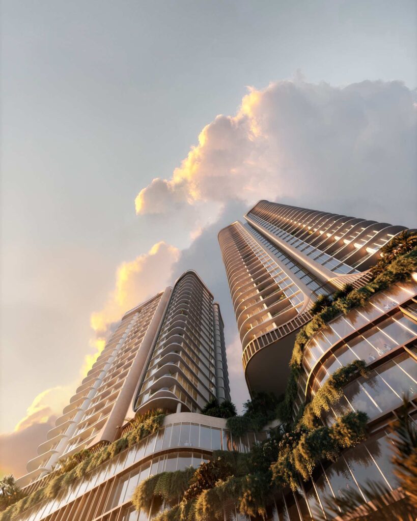 Architectural rendering of the Landmark project viewed from ground level near the river