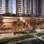 Architectural rendering showing the Landmark’s podium and landscaping