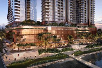 Architectural rendering showing the Landmark’s podium and landscaping