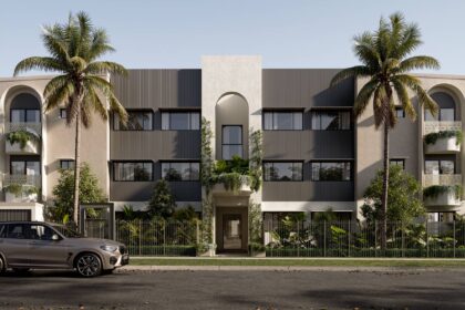 Architectural rendering of the external facade of the proposed Arca development, featuring arched forms and layered landscaping.