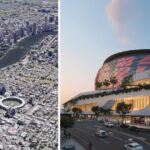Location of the proposed Brisbane Live Arena (left) and conceptual rendering of the original Arena at old Roma Street location