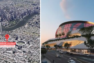 Location of the proposed Brisbane Live Arena (left) and conceptual rendering of the original Arena at old Roma Street location