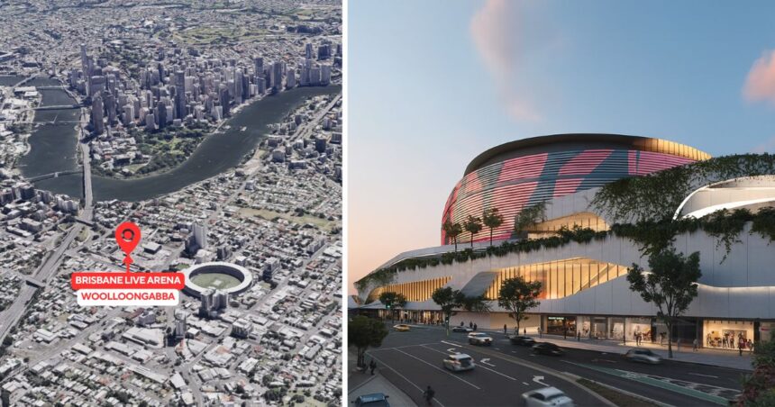 Location of the proposed Brisbane Live Arena (left) and conceptual rendering of the original Arena at old Roma Street location