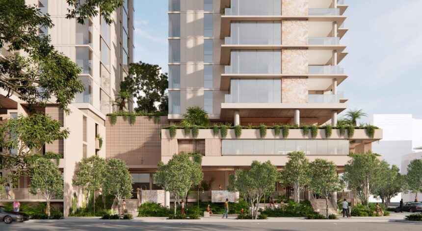 Architectural rendering of the proposed Chester & Morse development showing dual tower form.