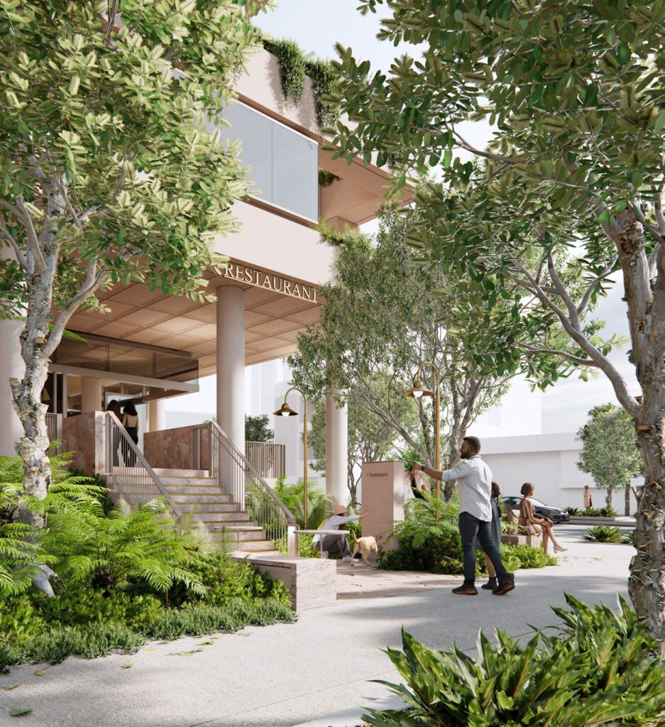 Architectural rendering of ground-level plaza space along Morse Street with deep planting zones.
