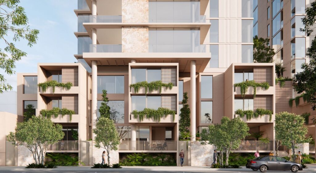 Architectural rendering of the proposed Chester & Morse development showing dual tower form.