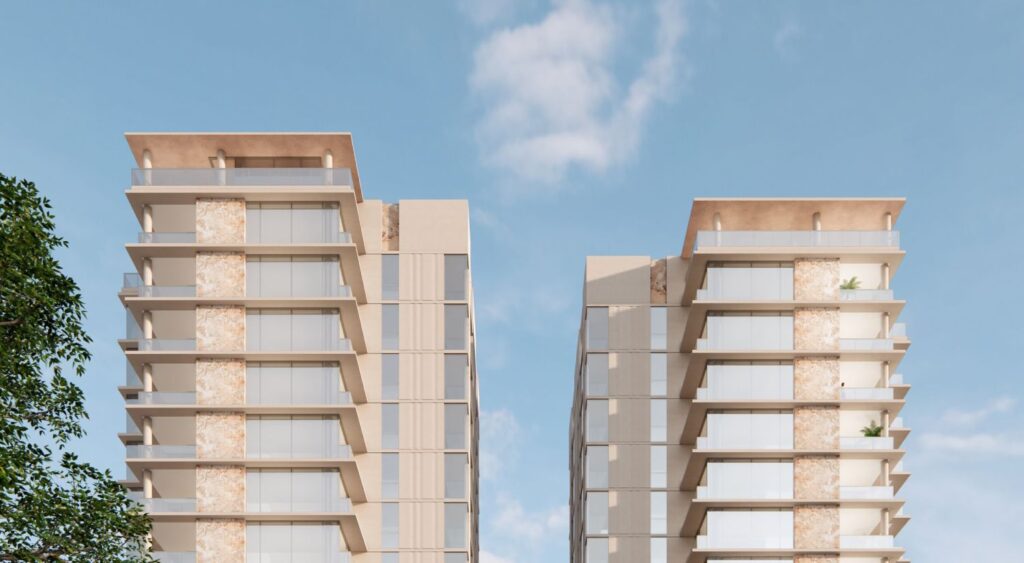 Architectural rendering of the proposed Chester & Morse development showing dual tower form.