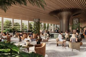 Lobby lounge with central bar and timber ceiling feature