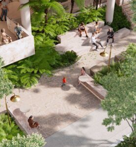 Architectural rendering of ground-level plaza space along Morse Street with deep planting zones.