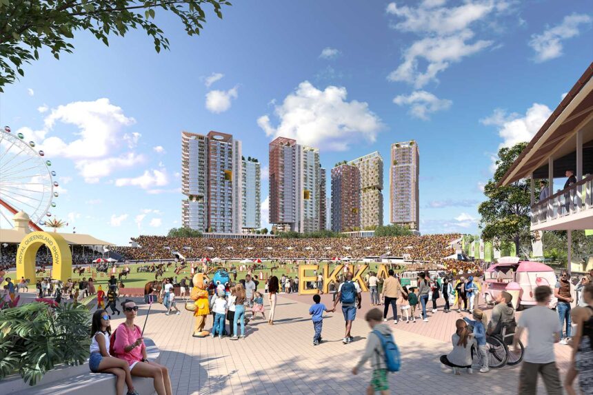 Architectural rendering of the Brisbane Showgrounds Main Arena during the 2032 Olympic Games.