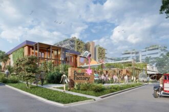 Architectural rendering of the external built form of the proposed Yeronga Paint Factory arts village project