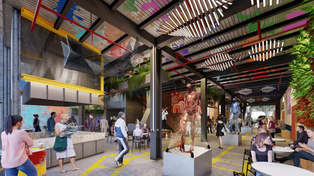 Architectural rendering of internal communal spaces within the proposed Yeronga Paint Factory arts village project