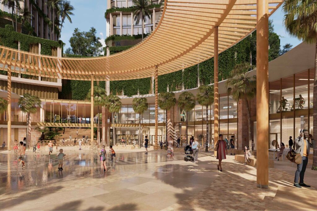 Architectural rendering of the public plaza and landscaped open space within the Toowong Central precinct.