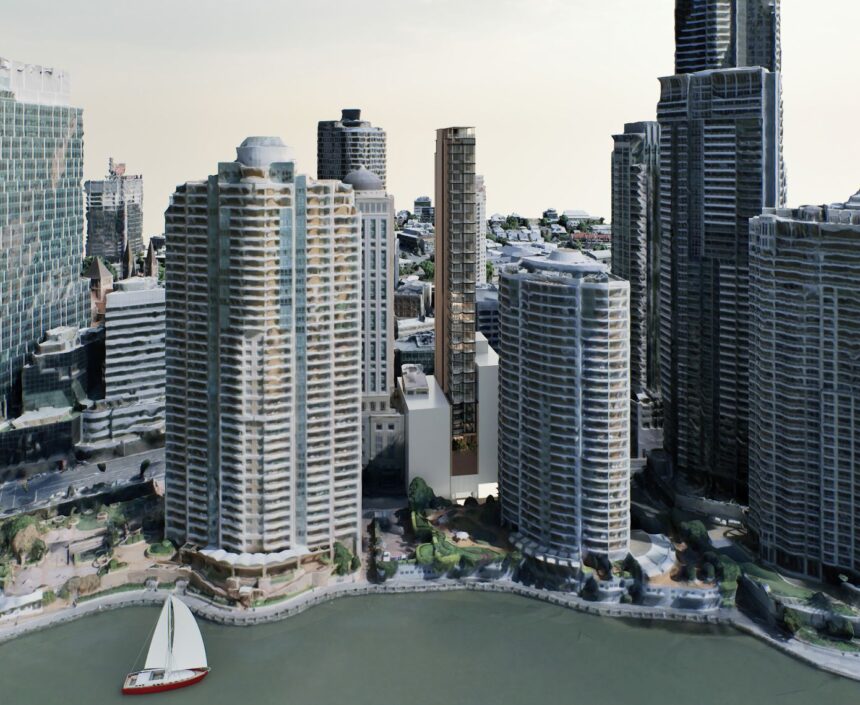 Architectural rendering of the external built form of the proposed 457 Adelaide Street project.