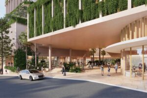 Architectural rendering of the ground floor open space within the Toowong Central precinct.