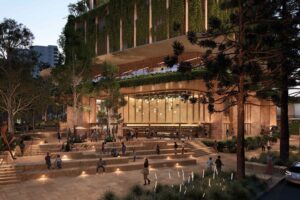 Architectural rendering of the landscaped open space within the Toowong Central precinct.