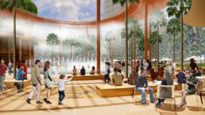 Architectural rendering of the public plaza and landscaped open space within the Toowong Central precinct.