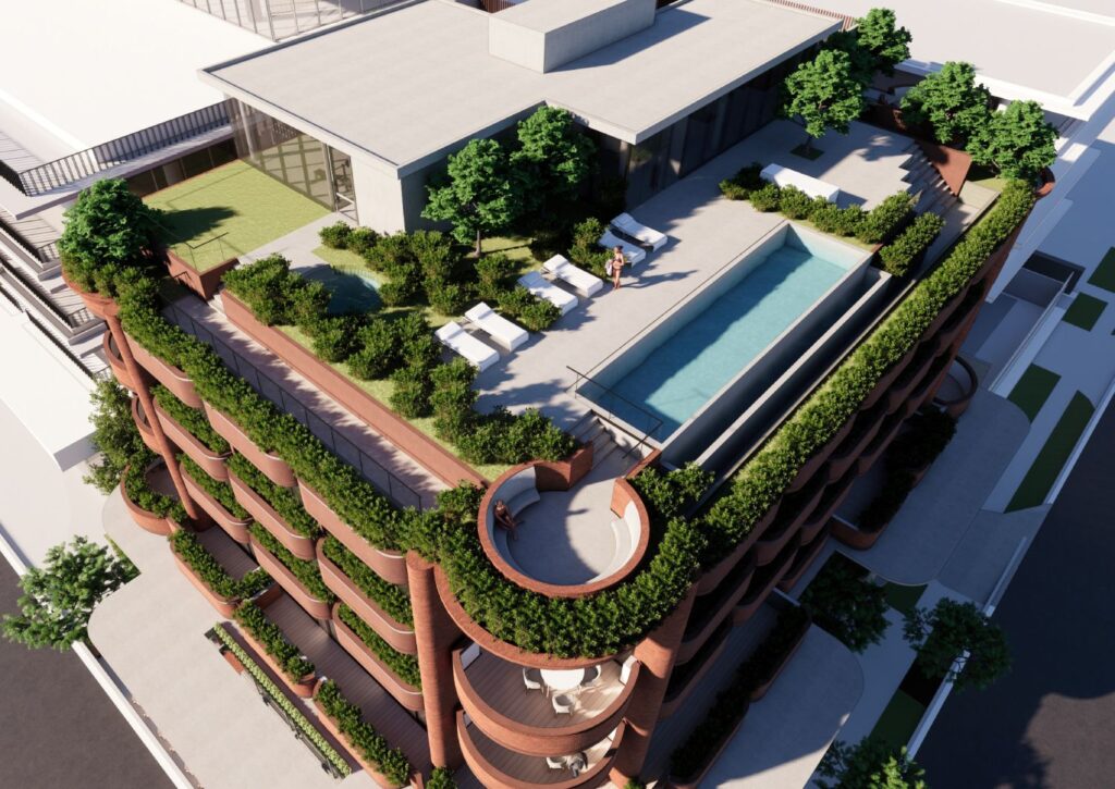 Architectural rendering of the rooftop recreation area of the proposed 53 Racecourse Road, Hamilton project