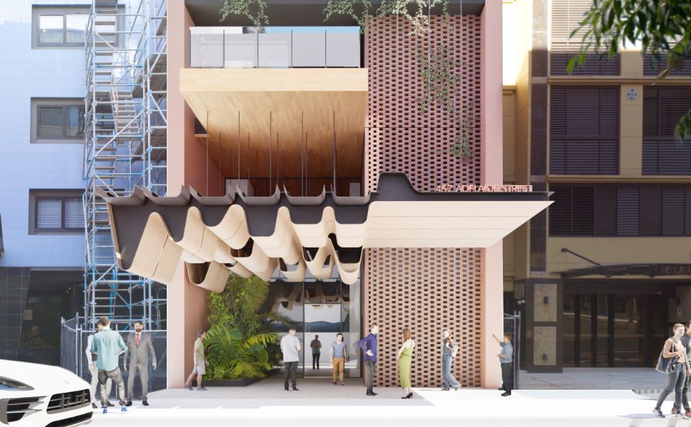 Architectural rendering of the Adelaide Street podium of the proposed 457 Adelaide Street project.